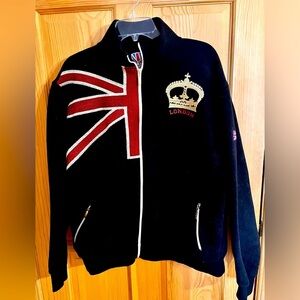 United Kingdom London Black Jacket Red Gold Accents Embroidered Zippers Pockets